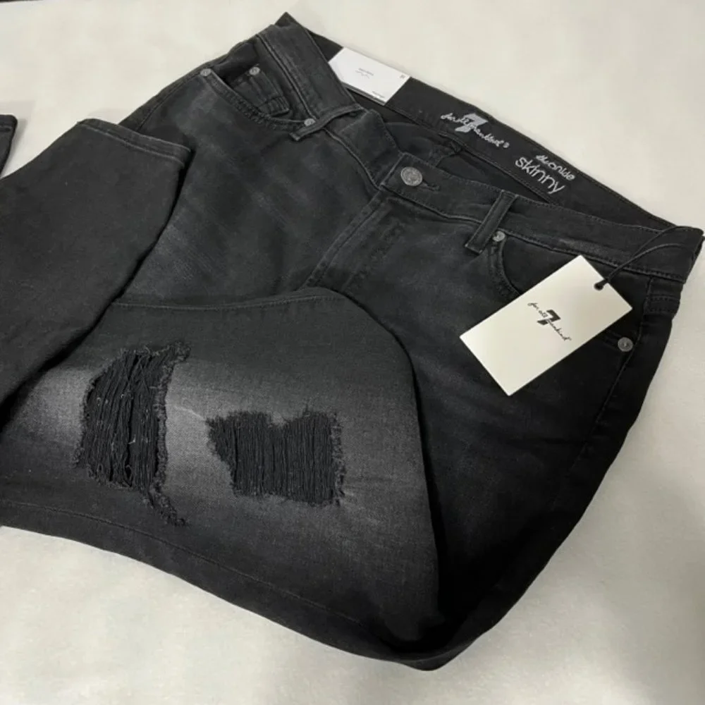 7 FOR ALL MANKIND Black Distressed Ankle Skinny Jeans Size 31 NWT - Picture 4 of 15
